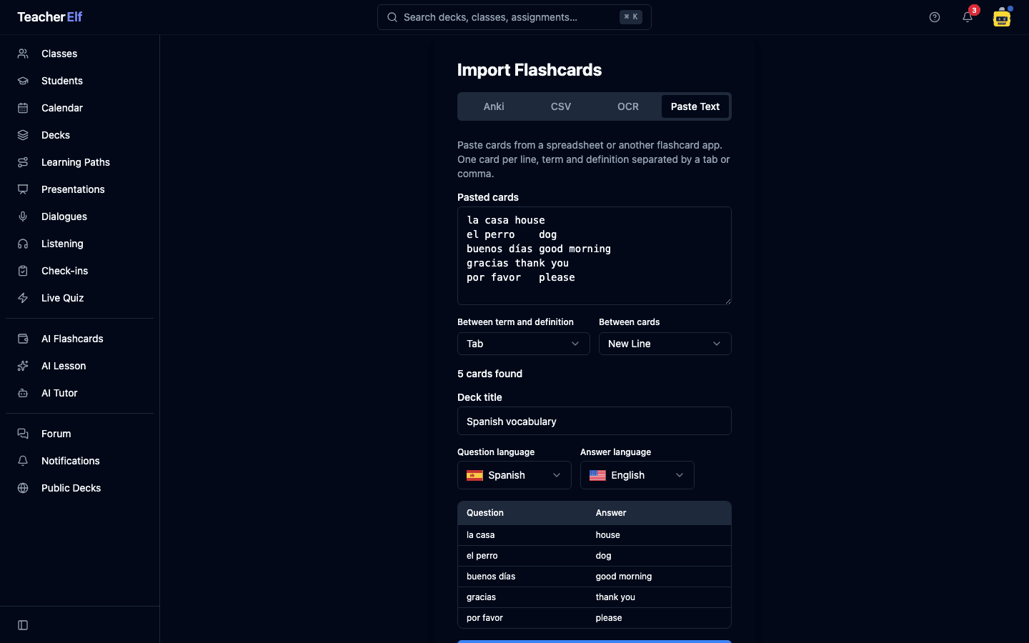 The Import Flashcards page on the Paste Text tab. Five tab-separated Spanish lines are pasted, the separator pickers read Tab and New Line, and a live preview table below shows five cards with their terms and definitions.