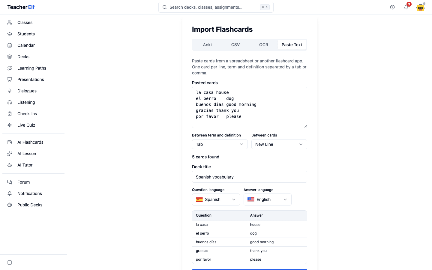 The Import Flashcards page on the Paste Text tab. Five tab-separated Spanish lines are pasted, the separator pickers read Tab and New Line, and a live preview table below shows five cards with their terms and definitions.