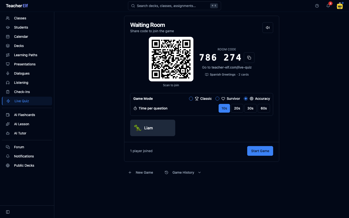 A Live Quiz waiting room for the Spanish Greetings deck showing the room code and QR code, with the Game Mode picker offering Classic, Survivor, and the new Accuracy option selected, and a joined player named Liam below.