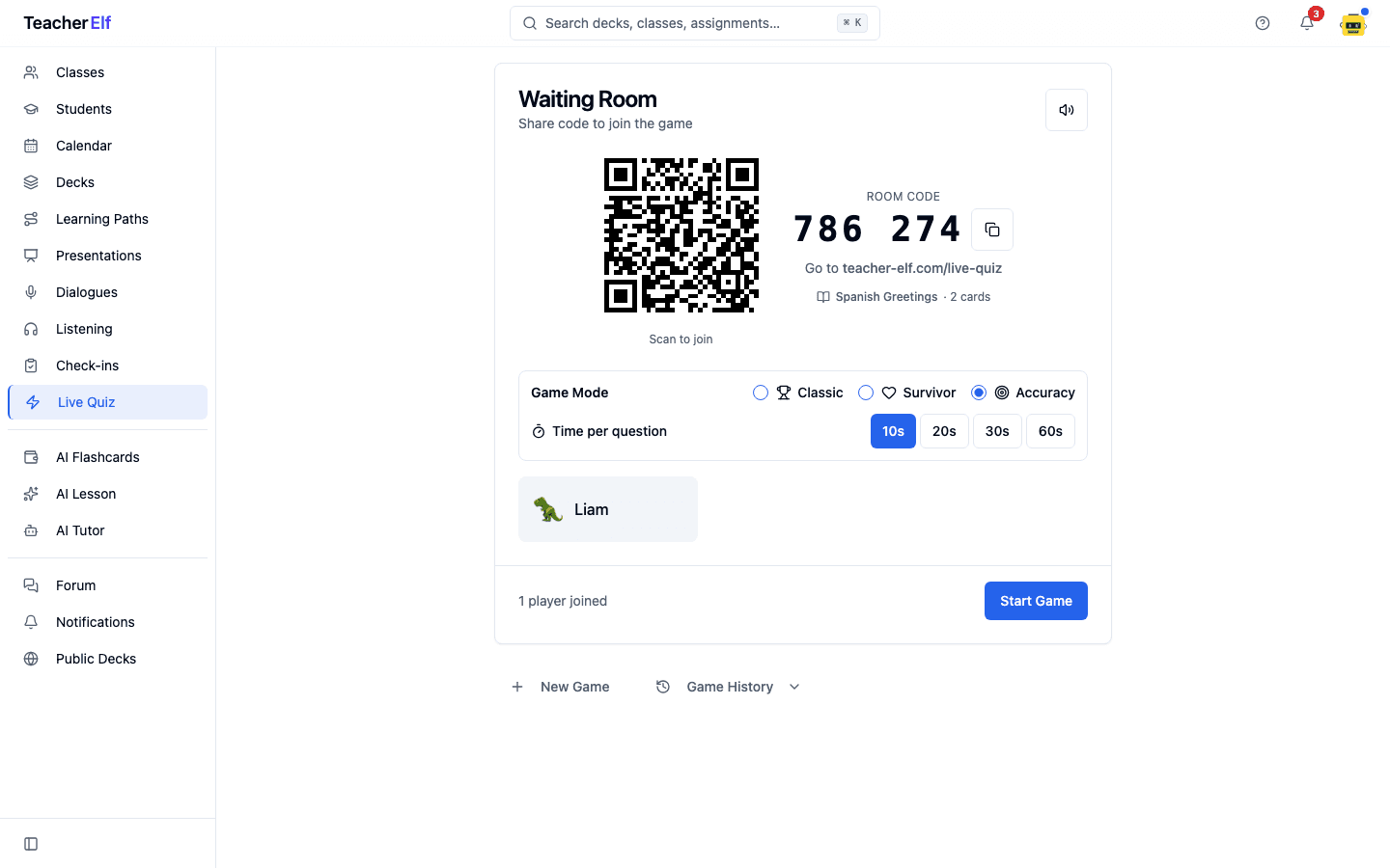 A Live Quiz waiting room for the Spanish Greetings deck showing the room code and QR code, with the Game Mode picker offering Classic, Survivor, and the new Accuracy option selected, and a joined player named Liam below.