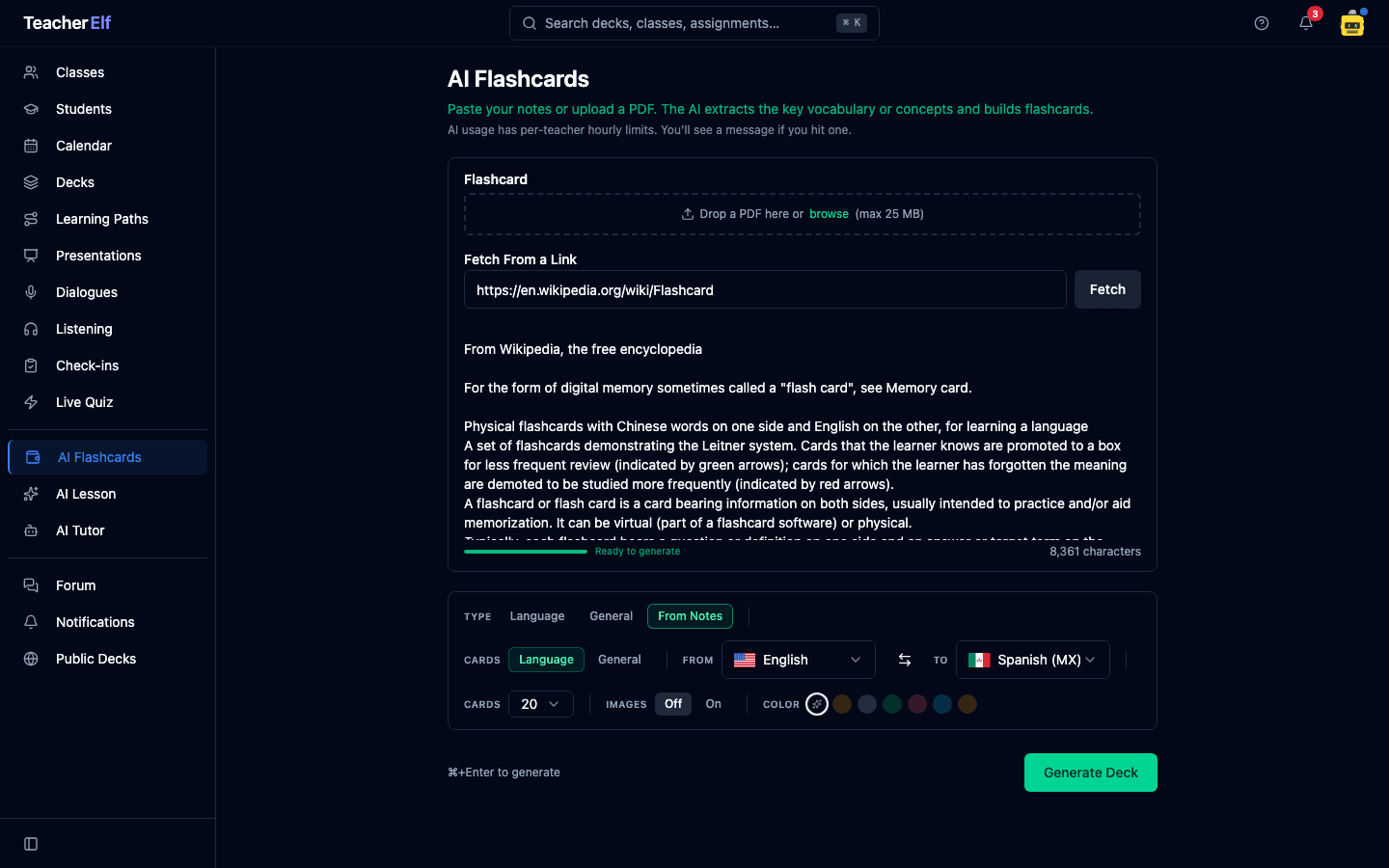 The AI Flashcards page in From Notes mode with a Wikipedia link in the Fetch From a Link field and the notes box filled with extracted article text.