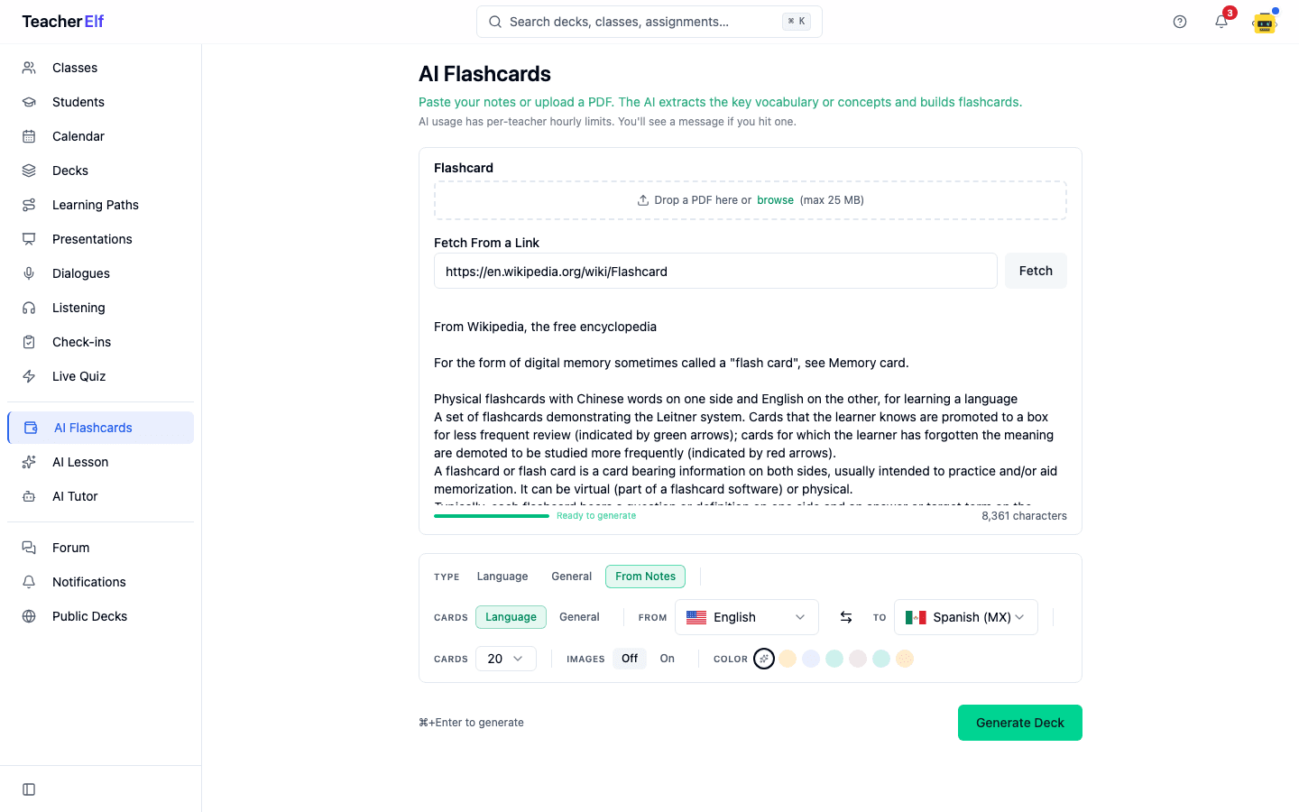 The AI Flashcards page in From Notes mode with a Wikipedia link in the Fetch From a Link field and the notes box filled with extracted article text.