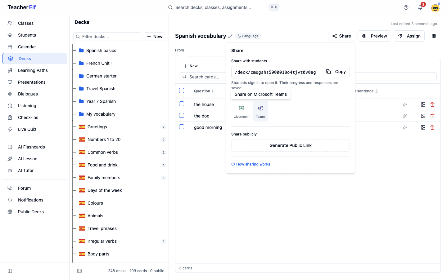The deck editor for a Spanish vocabulary deck with the Share panel open, showing the student link, a Share to row with Google Classroom and Microsoft Teams buttons, and a Share publicly section below.