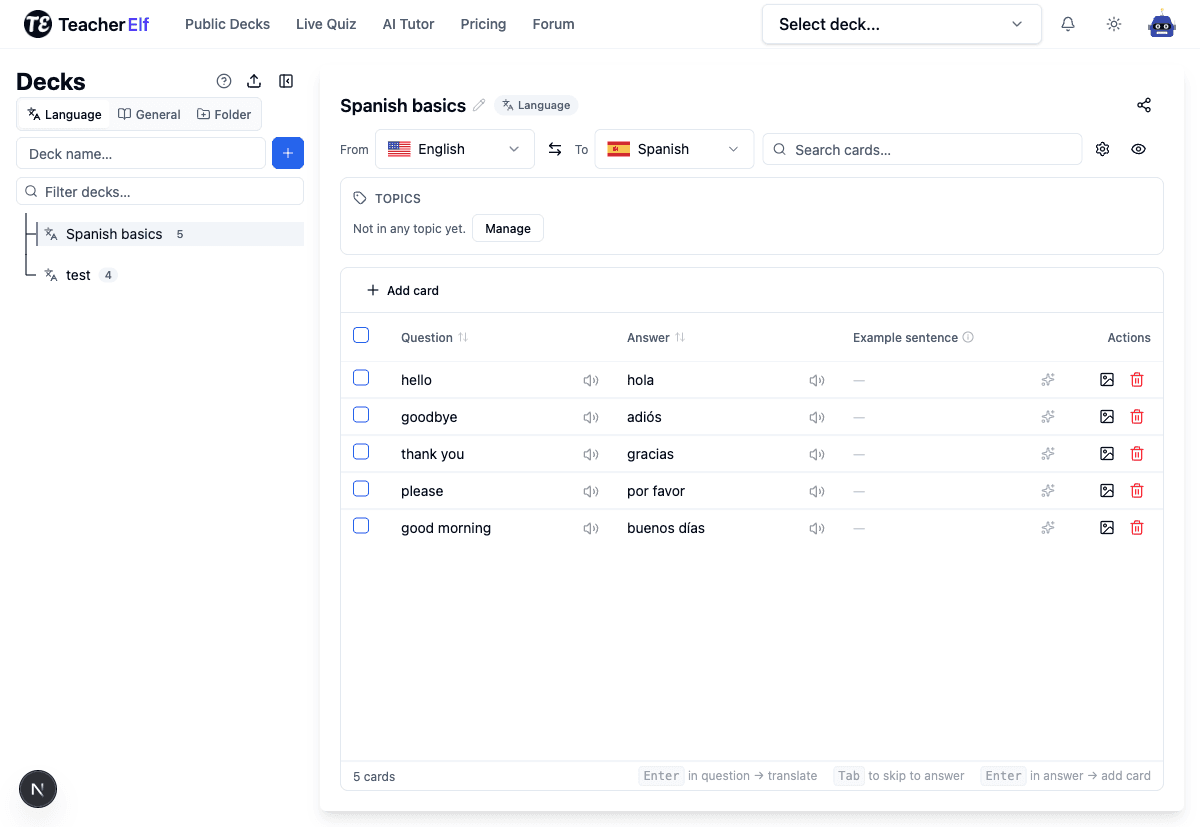 Building a flashcard deck in the editor